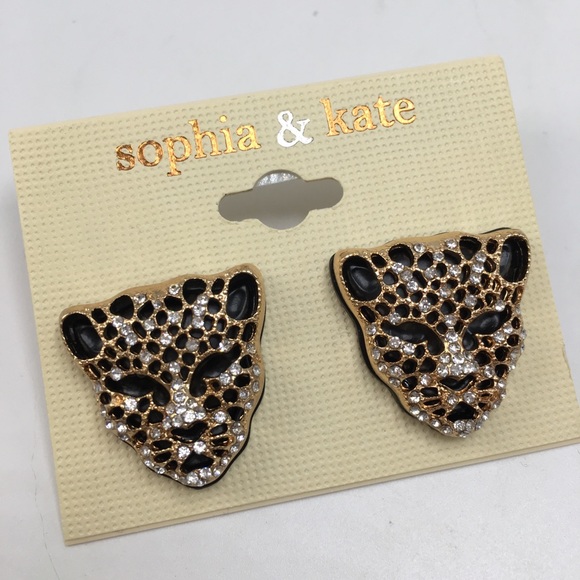 Panther leopard earrings black gold rhinestones - Picture 4 of 7